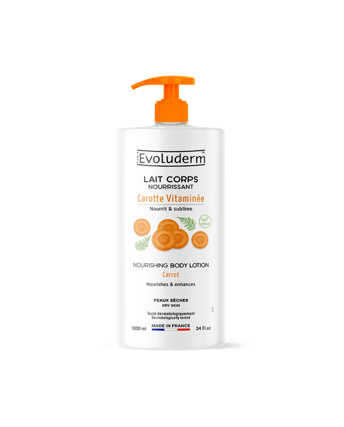 Lait Corps Nourrissant Carotte Vitaminée 1L – EVOLUDERM, Hydratation et Éclat Naturel