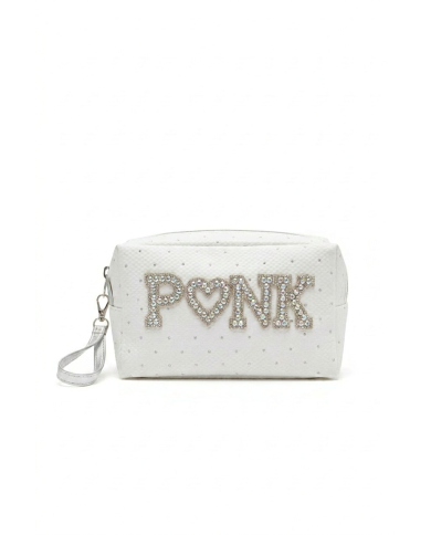 Trousse maquillage carrée strass PINK blanc– Pochette rose glamour