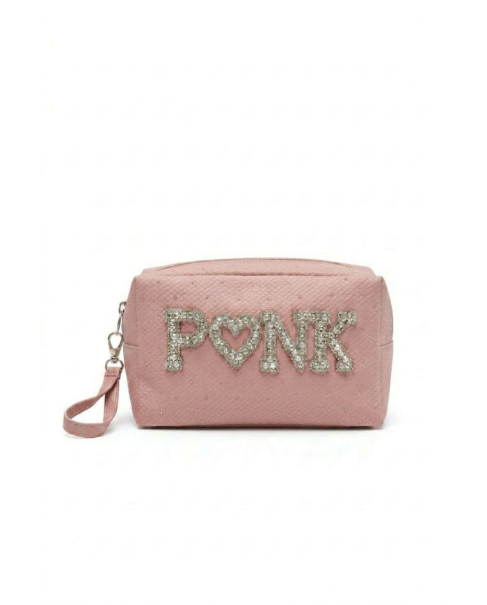 Trousse maquillage carrée strass PINK rose bebe – Pochette rose glamour
