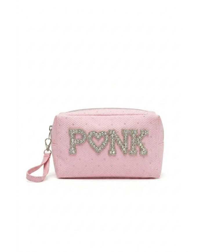 Trousse maquillage carrée strass PINK rose – Pochette rose glamour