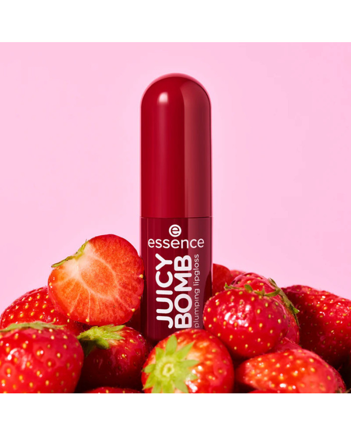 Gloss repulpant Essence Juicy Bomb : brillance intense, effet volume instantané, texture légère et lèvres visiblement plus pulpe
