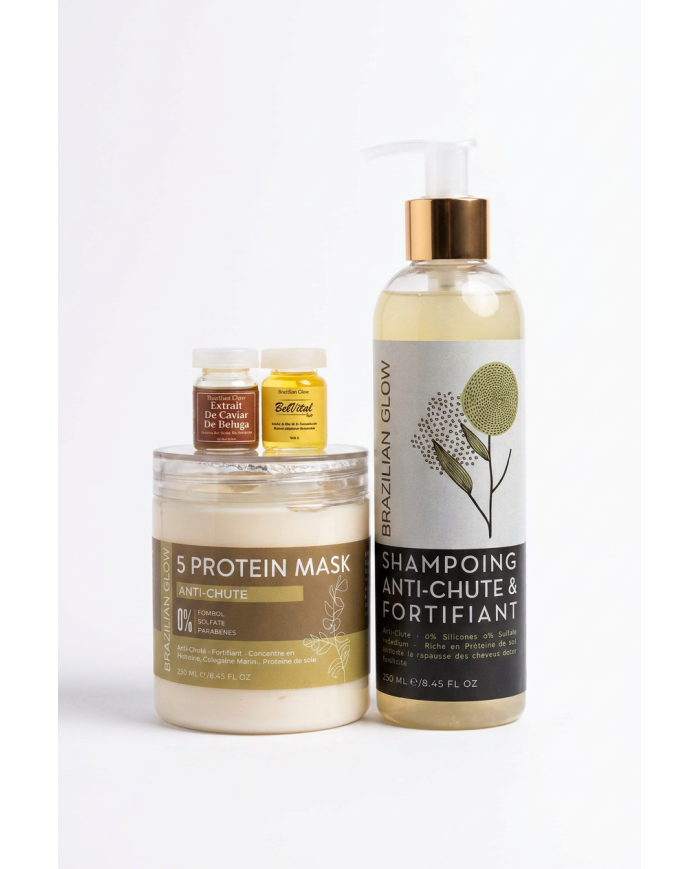 BRAZILIAN GLOW Pack Anti-Chute + Booster | Shampoing Fortifiant & Boosters | Cherry Beauty Tunisie