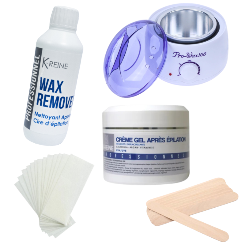 Pack Epilation : Chauffe Cire + Wax Remover + 20 Papiers + 10 Spatules + Gel Crème Après Epilation 250ml