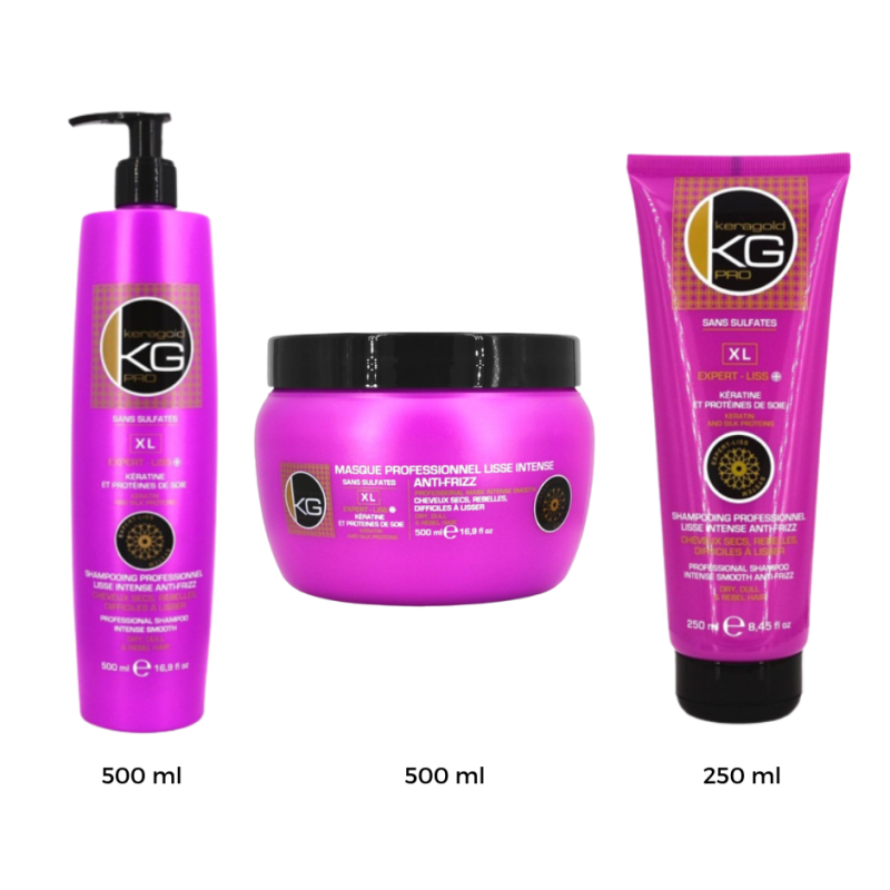 Pack KeraGold Protéine de Soie : Shampoing 500ml + Masque 500ml + Crème Lissante 250ml
