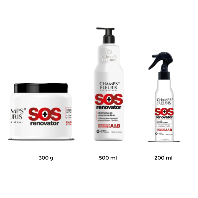 Pack Soins Rénovateur SOS Champs Fleuris : Shampoing 500ml + Masque 300g + Sérum 200ml