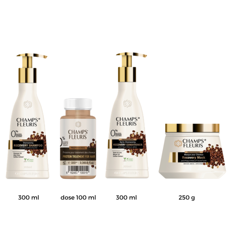 Pack Protéine Coffee : Shampoing 300ml + Conditionner 300ml + Masque 250g + Dose 100ml Protéine - Champs Fleuris