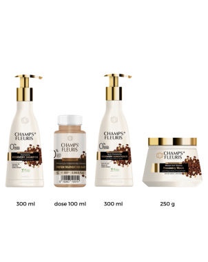 Pack Protéine Coffee : Shampoing 300ml + Conditionner 300ml + Masque 250g + Dose 100ml Protéine - Champs Fleuris