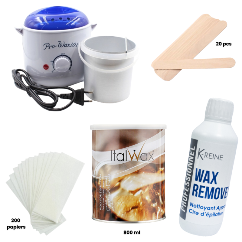 Pack Epilation 101 : Chauffe Cire 800g + 20 Spatules + 200 Papiers + Wax Remover + Italwax Cire 800ml