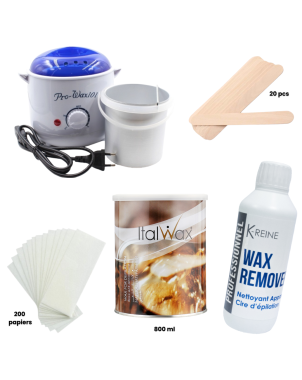 Pack Epilation 101 : Chauffe Cire 800g + 20 Spatules + 200 Papiers + Wax Remover + Italwax Cire 800ml