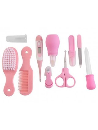 kit-soins-bébé-10-pièces-rose-nouveau-né-nettoyage-toilettage-trousse-biberon-thermoètre-brosse-peigne-coupe-ongles-