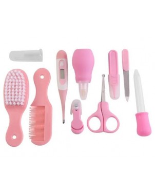 kit-soins-bébé-10-pièces-rose-nouveau-né-nettoyage-toilettage-trousse-biberon-thermoètre-brosse-peigne-coupe-ongles-