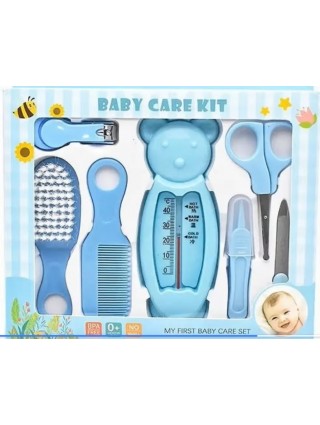 kit-soins-bébé-8-pièces-bleu-nouveau-né-nettoyage-toilettage-trousse-biberon-thermoètre-brosse