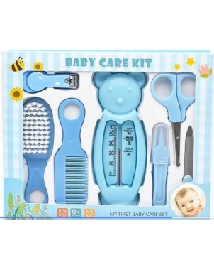 kit-soins-bébé-8-pièces-bleu-nouveau-né-nettoyage-toilettage-trousse-biberon-thermoètre-brosse