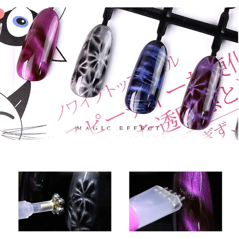 Aimant 3D Cat Eye Double Tête Fleur et Ligne Rayures - Design Onglerie Nail Art