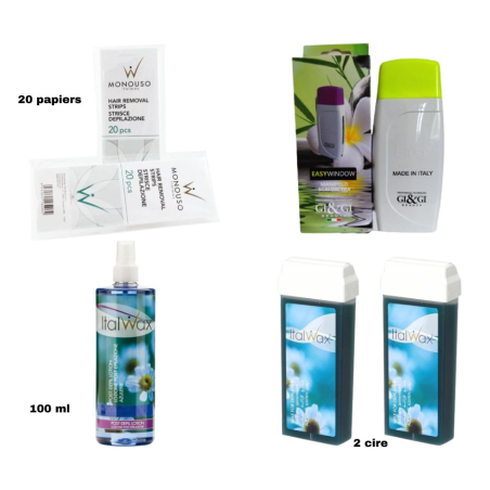Pack Epilation Cartouche : Chauffe Cire EasyWindow + 2 Cire + 20 Papiers + Italwax Lotion Après Epilation Azulène 100ml