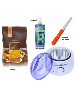 Pack Epilation : Chauffe Cire Pro Wax 100 + Italwax Cire 500g + Spatule Acier + Italwax Lotion Après Epilation Azulène 100ml