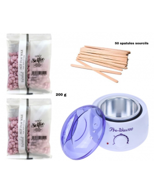 Pack Epilation Selfie : Chauffe Cire Pro Wax 100 + 200g Italwax Cire Selfie + 50 Spatules Visage et Sourcils