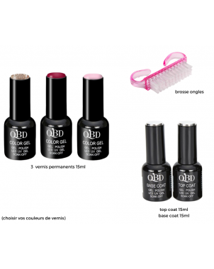 Pack Vernis Permanents : Top Coat QBD 15ml + Base Coat QBD 15ml + Brosse Ongles + 3 Vernis Permanenents QBD 15ml (à votre choix)