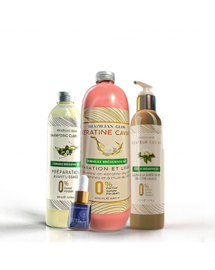 Pack Kératine 1L Brazilian Glow : Soins Kératine 1L + Shampoing Clarifiant 500ml + Masque Fixateur 500ml + Sérum 15ml