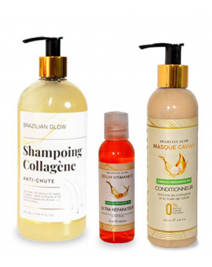 Pack Soins Collagène Brazilian Glow : Shampoing Anti Chute 500ml + Masque Caviar 250ml + Sérum Vitamine E 75ml