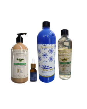 Pack Tanino Collagène Caviar Bleu 1L Brazilian Glow : Soins 1L + Shampoing Clarifiant 500ml + Masque Fixateur 500ml + Sérum 15ml