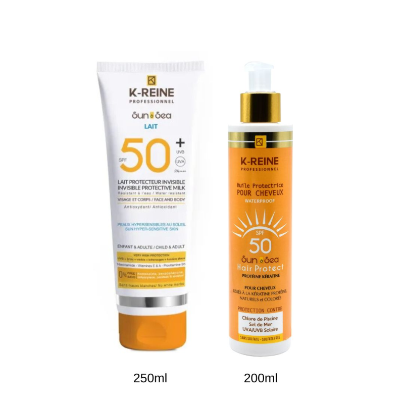 K-Reine Pack Solaire Lait Protecteur Invisible Visage et Corps 250ml et Huile Protectrice Cheveux 200ml