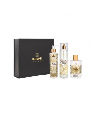 K-Reine Coffret Crème Brûlée : Lait de Corps 200ml Gel Douche 300ml Brume de Luxe Cheveux et Corps 230ml