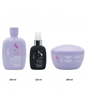 Pack Smoothing Alfaparf Semi di Lino : Shampoing Smoothing 250ml Masque Smoothing 200ml Spray Sublime Cristalli Liquide 125ml