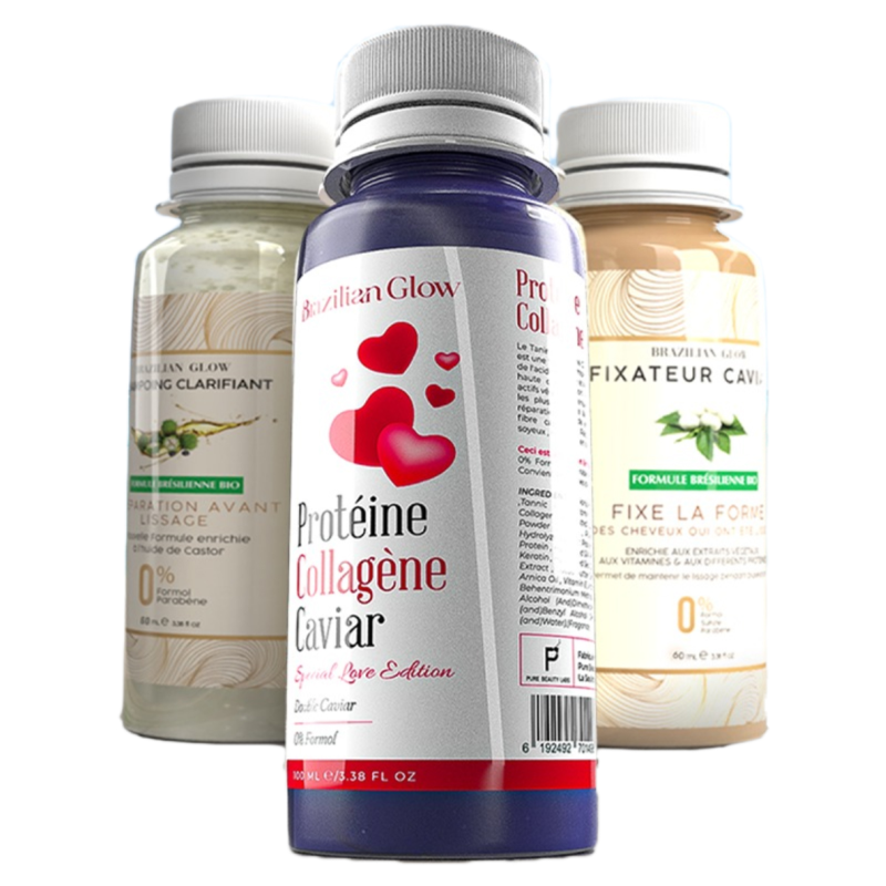 Pack Protéine Collagène Caviar Brazilian Glow : Soins Protéine Collagène Caviar 100ml + Shampoing Clarifiant 60ml + Masque Fixat