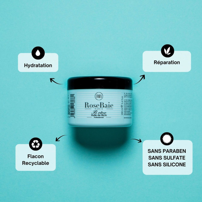 RoseBaie Botox Capillaire Huile de Ricin x Kératine 250ml Pousse et Hydratation