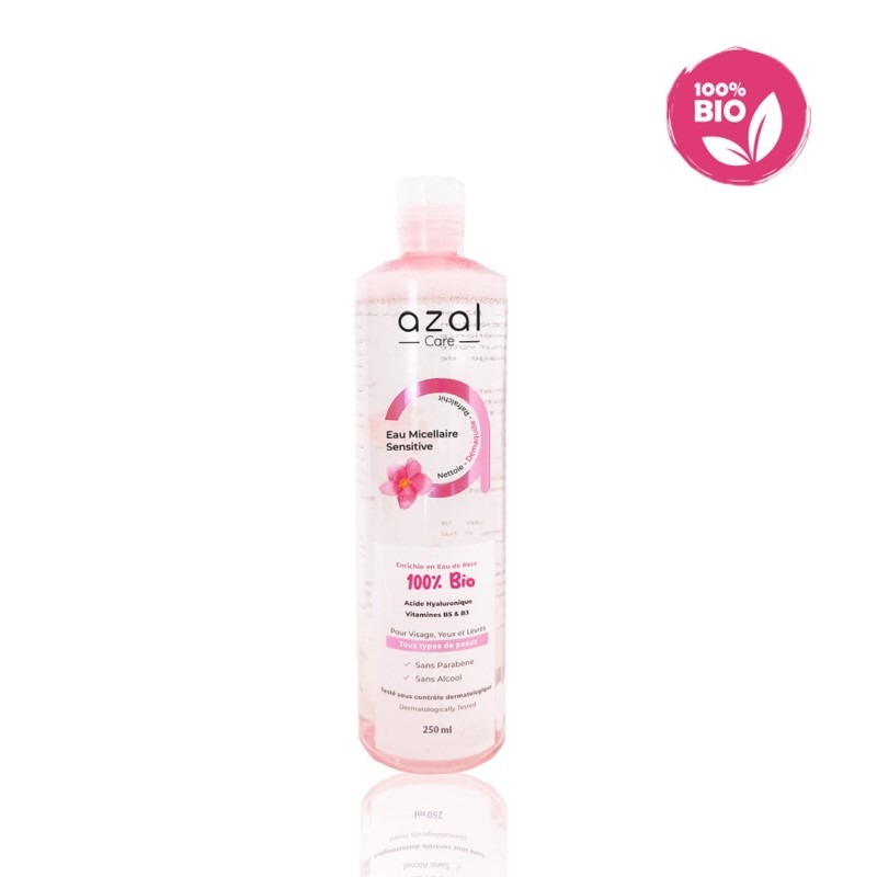 Azal Eau Micellaire Sensitive 250ml Bio 100% Riche en Eau de Rose, Acide Hyaluronique, Vitamines B5 et B3