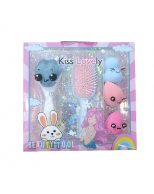 Coffret Kiss Lovely : Brosse Gommage Visage Brosse Cheveux 3 Eponges Maquillage