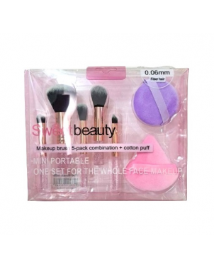 Sweet Beauty Coffret de 5 Pinceaux Maquillage et 2 Houppettes Cotton Puff 0.06 mm Fiber Hair