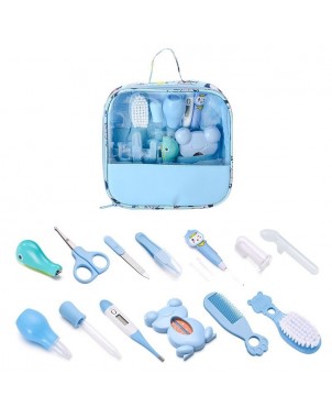 kit-soins-bébé-13-pièces-bleu-nouveau-né-nettoyage-toilettage-trousse-biberon-thermoètre-brosse-peigne-coupe-ongles-