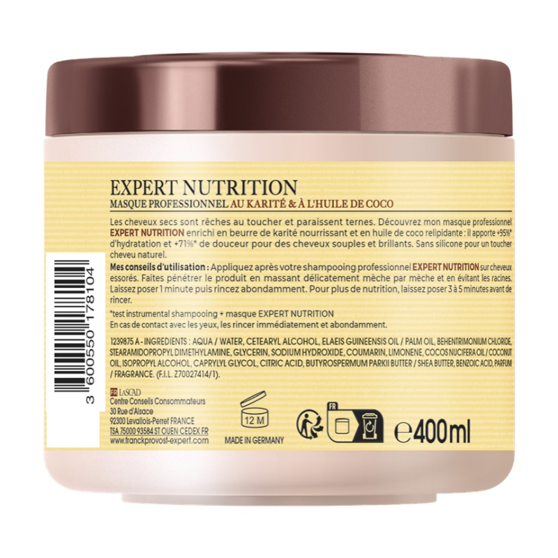 Franck Provost Masque Expert Nutrition 400ml Masque Professionnel Beurre de Karité et l'Huile de Coco pour Cheveux Secs