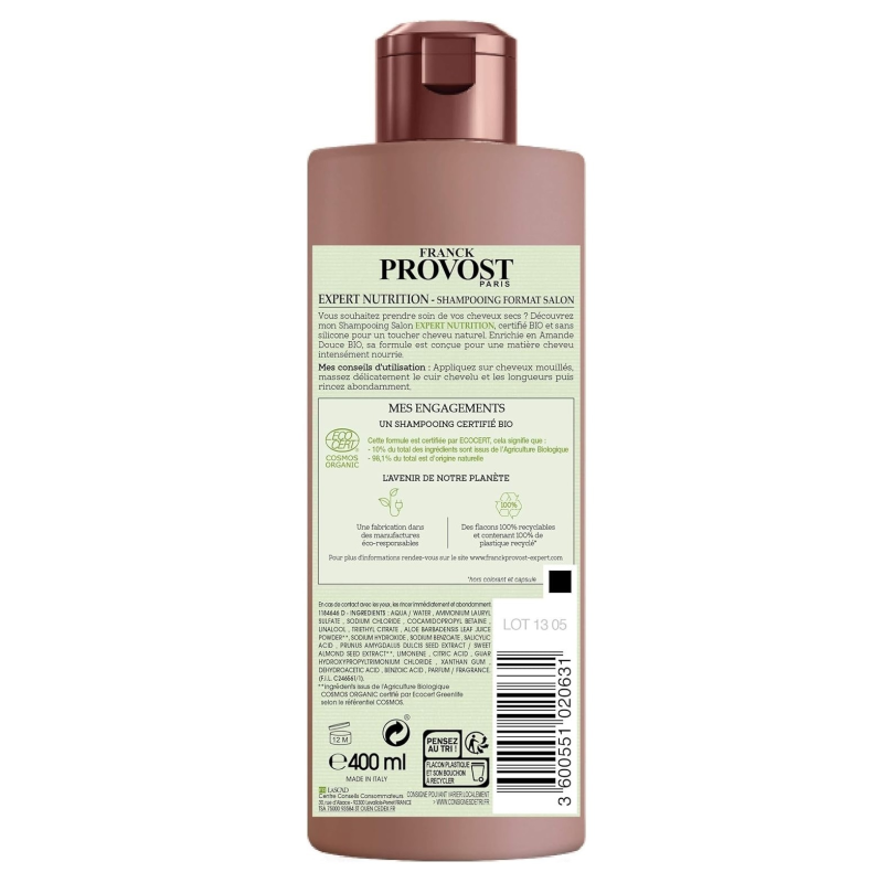 Franck Provost Shampoing Expert Nutrition Bio 400ml Shampoing Professionnel Amandes Douces pour Cheveux Secs