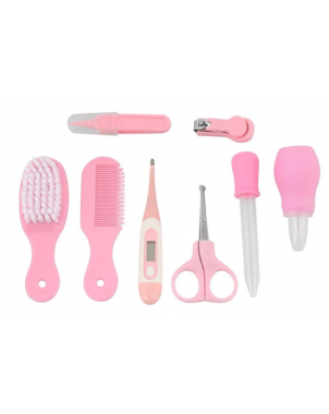 kit-soins-bébé-8-pièces-rose-nouveau-né-nettoyage-toilettage-trousse-biberon-thermoètre-brosse