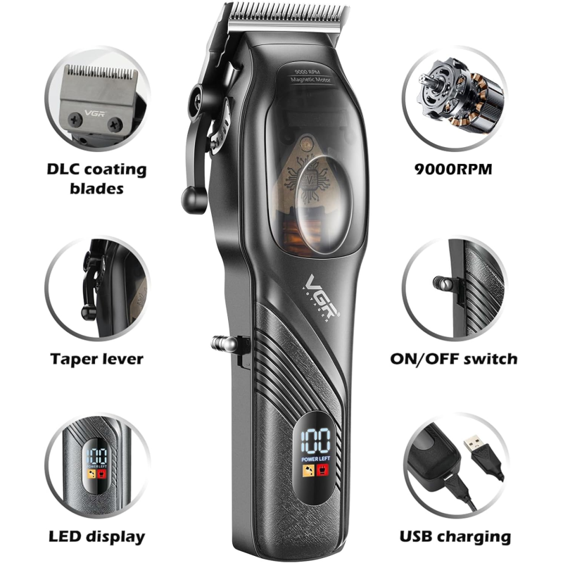 VGR V-269 Tondeuse à Cheveux Pro – Sans Fil, Écran LED, Batterie 2500mAh, USB