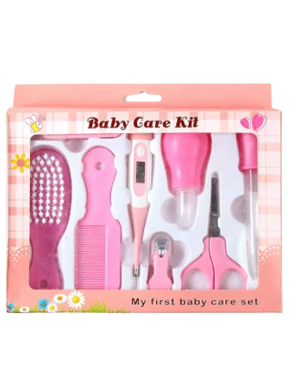 kit-soins-bébé-8-pièces-rose-nouveau-né-nettoyage-toilettage-trousse-biberon-thermoètre-brosse