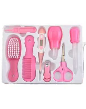 kit-soins-bébé-8-pièces-rose-nouveau-né-nettoyage-toilettage-trousse-biberon-thermoètre-brosse