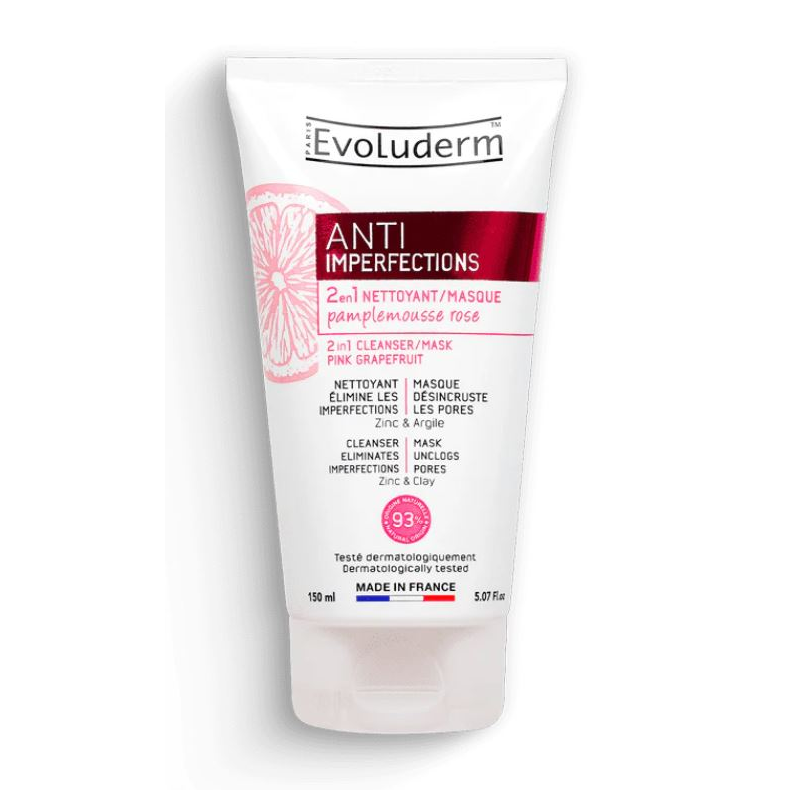 Evoluderm 2 en 1 Nettoyant & Masque Anti-Imperfections 150ML – Zinc, Argile & Pamplemousse Rose