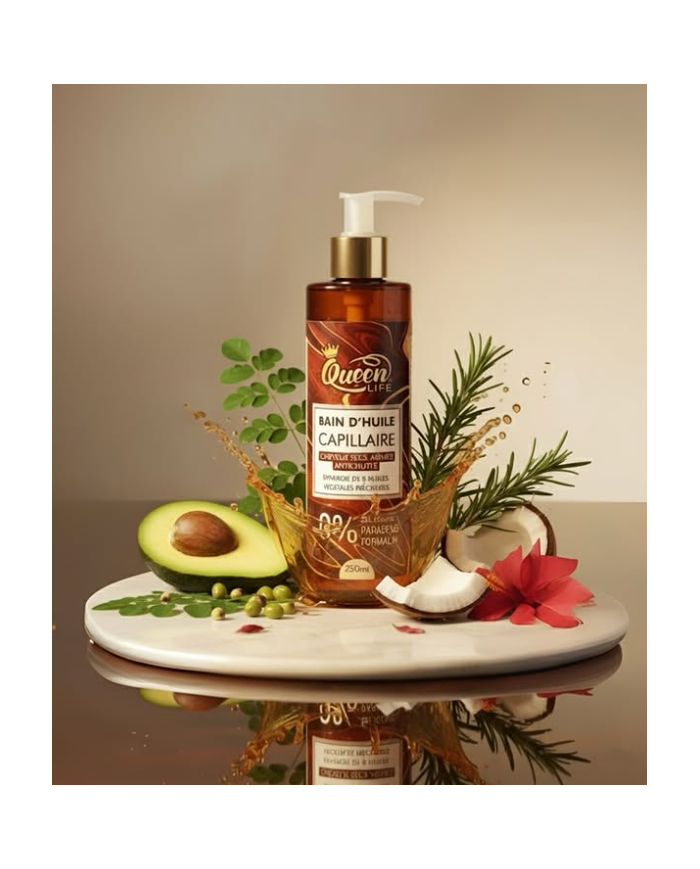 Queen Life Bain d’Huile Cheveux 250ml – 8 Huiles Naturelles pour Nourrir et Réparer